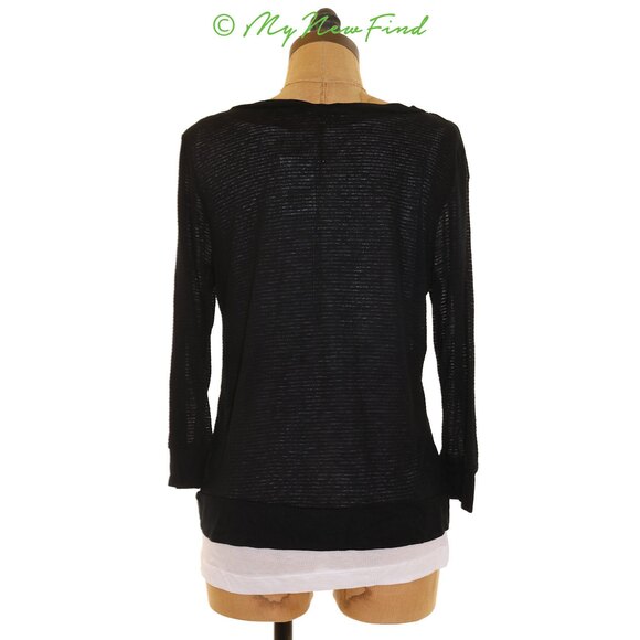 Olivia Moon Double Layer Top XS Long Sleeve Striped Black Ivory NEW Tag B74 - Picture 3 of 3